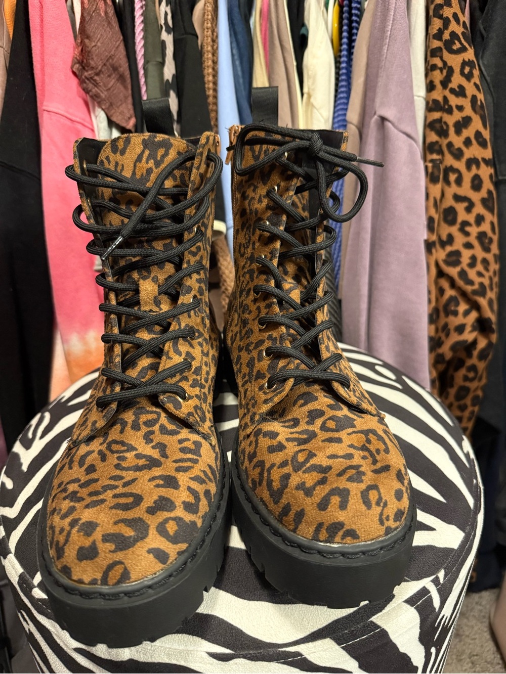Women's Leopard Print Lace-Up Combat Boots - Brown